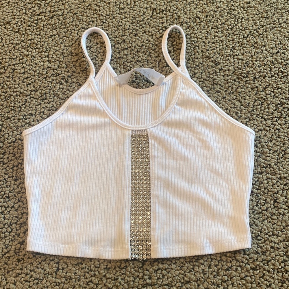 Emma & Sam White & Rhinestone Ribbed Cropped Tank Top Size Small in EUC